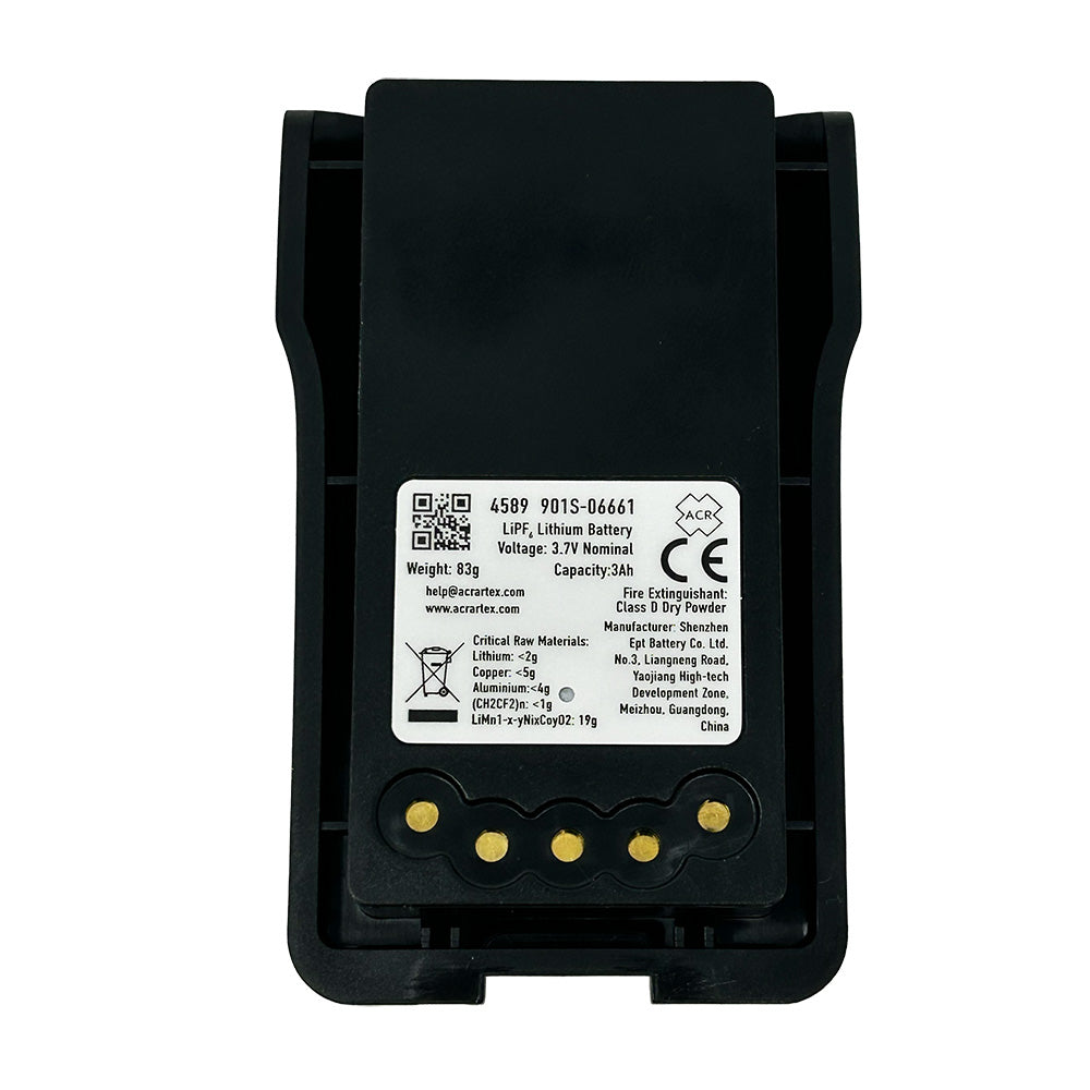 ACR RB16V Rechargeable Lithium-Ion Battery with label, connectors, and specifications on a black casing.