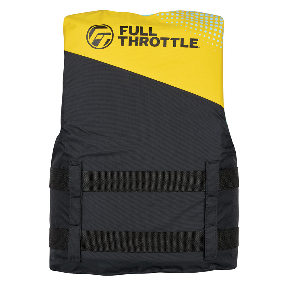 Full Throttle Teen Nylon Life Jacket in yellow and black with adjustable straps and logo on the front.
