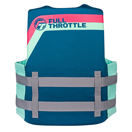 Full Throttle Adult Rapid-Dry Life Jacket in aqua, featuring a sleek design with gray straps and logo on the back.