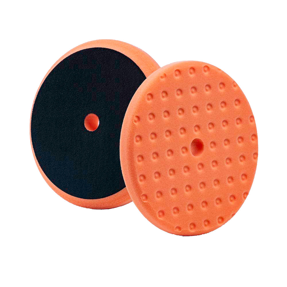 Lake Country Orange Light Cutting Pad with CCS Technology, 8" x 1.25", featuring a textured orange surface and black backing.