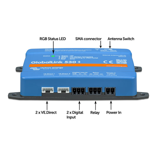 Victron GlobalLink 530 device with connectors, LED indicator, and antenna switch on a blue casing.