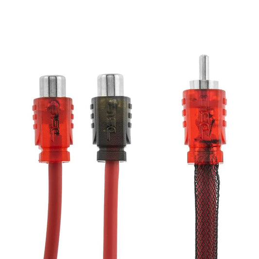 DS18 Advance Ultra Flex RCA Y Connector Cable with 2 female connectors in red and 1 male connector, featuring a flexible desi