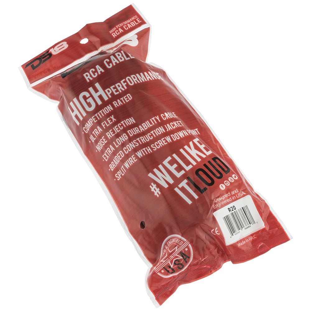 DS18 Advance Ultra Flex RCA Cable - 20 ft, high performance, competition rated, durable case, red packaging with branding.
