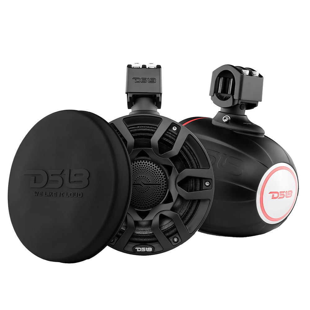 DS18 HYDRO 8" Marine Tower Speakers in black with RGB LED lights, featuring a sleek design and robust mounting hardware.