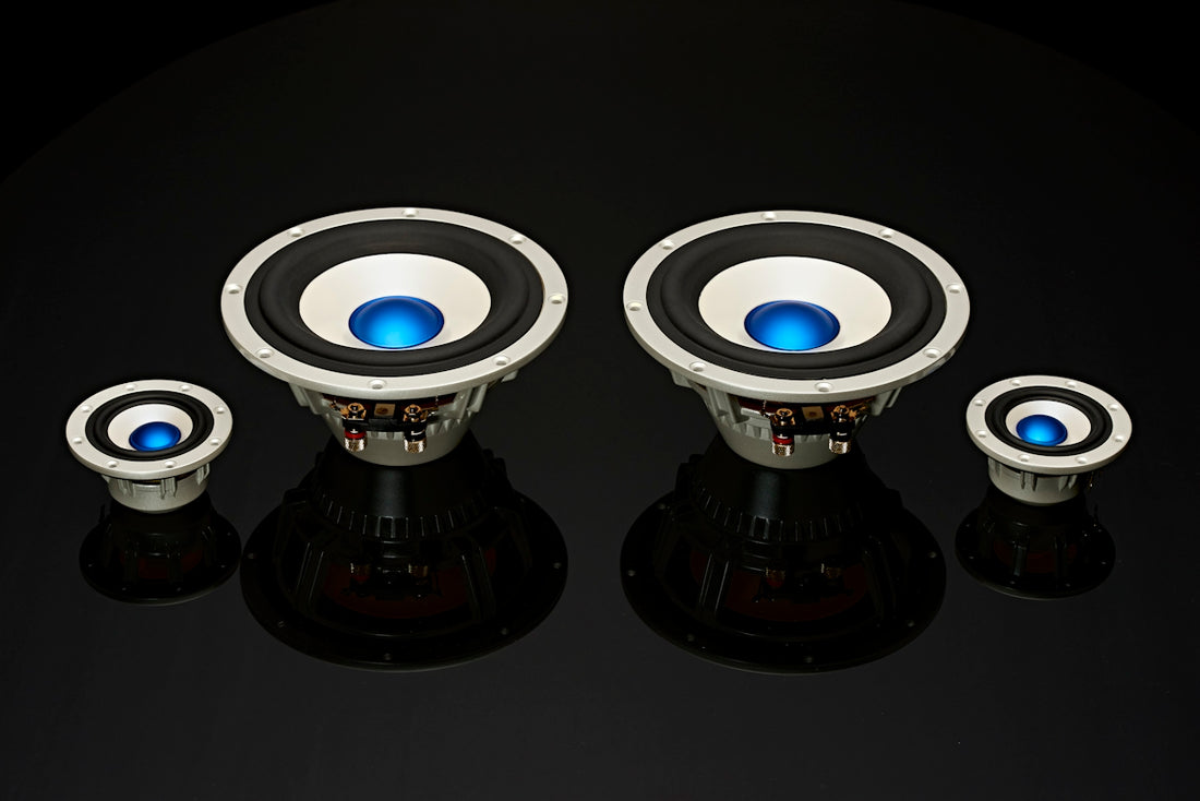 a pair of speakers sitting on top of a table