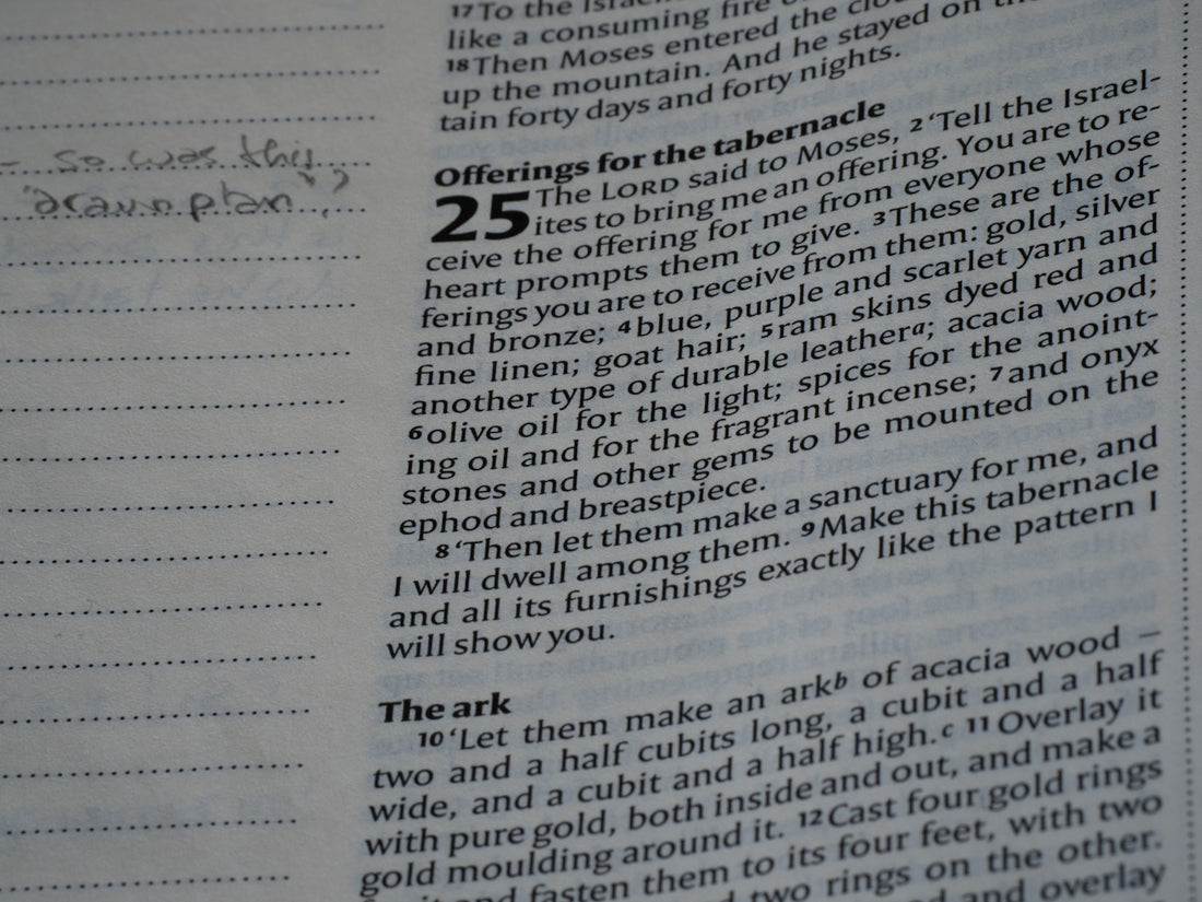 Close-up of an open bible page with text.