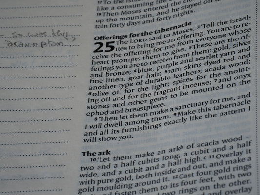 Close-up of an open bible page with text.