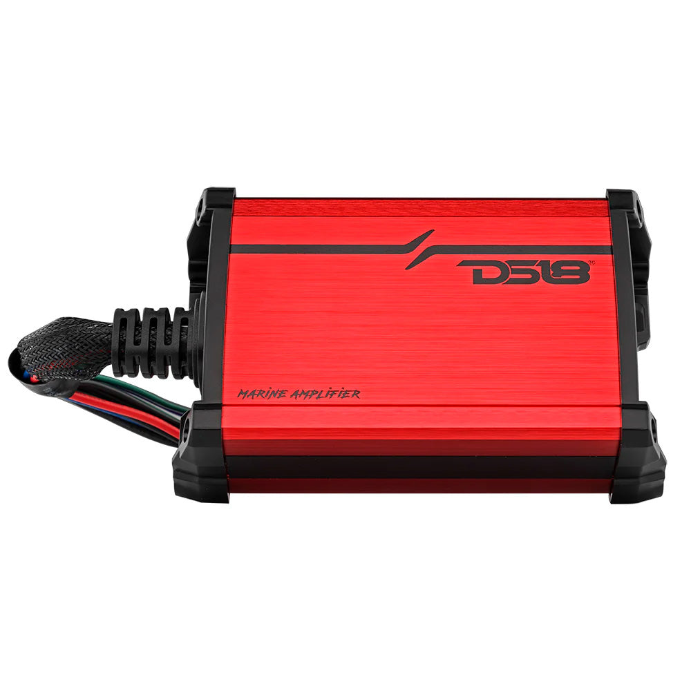 DS18 MP.4A Full-Range 4 Channel Class D Amplifier in red with black accents and wiring harness. Compact and durable design.