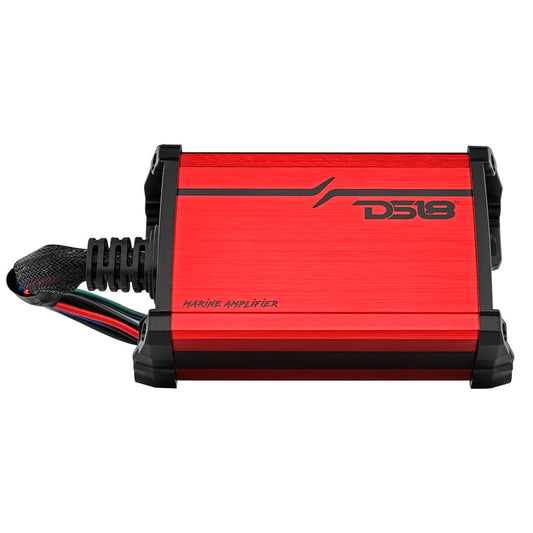 DS18 MP.4A Full-Range 4 Channel Class D Amplifier in red with black accents and wiring harness. Compact and durable design.