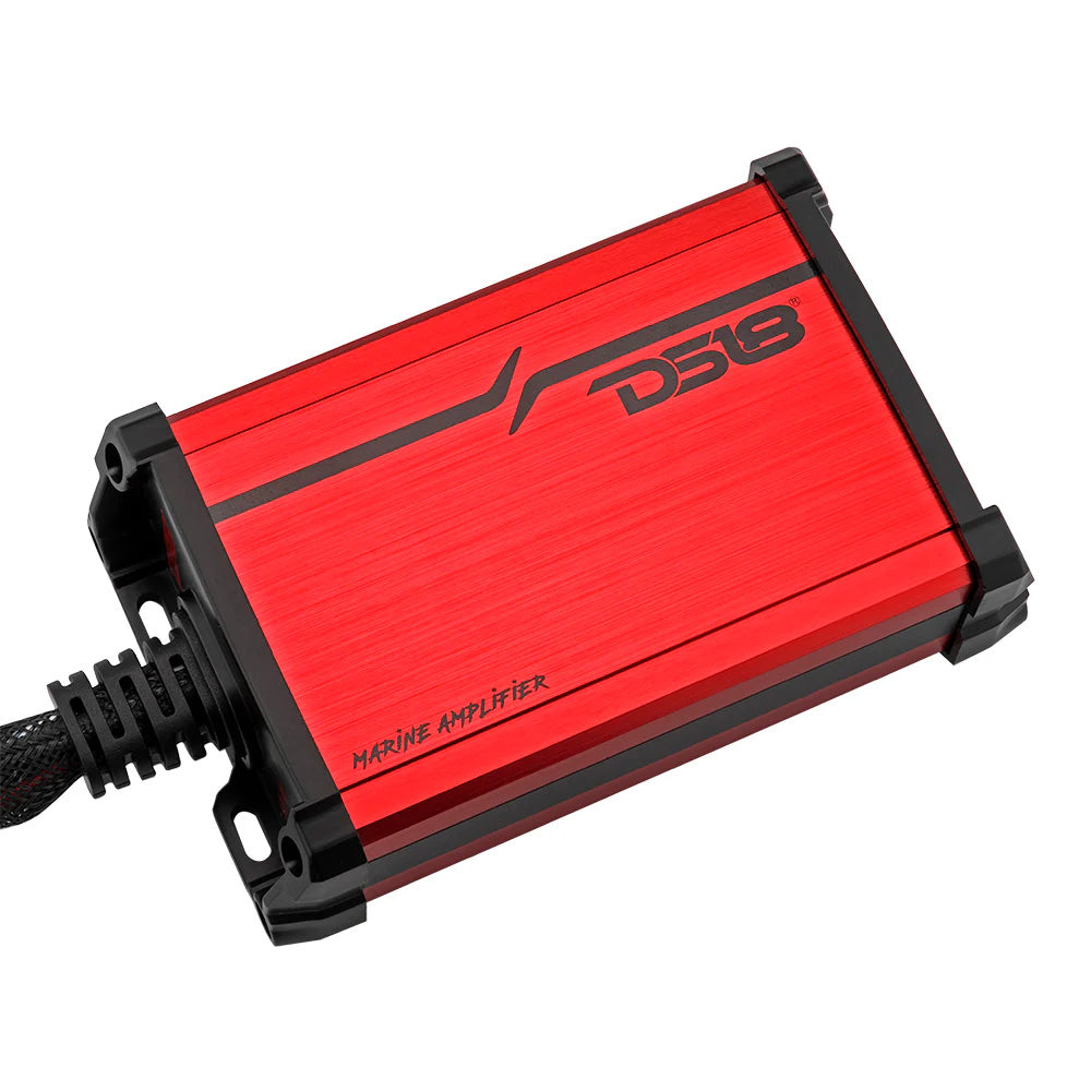 Red DS18 MP.4A Full-Range 4 Channel Class D Amplifier with a sleek design and durable casing, featuring a power connector.