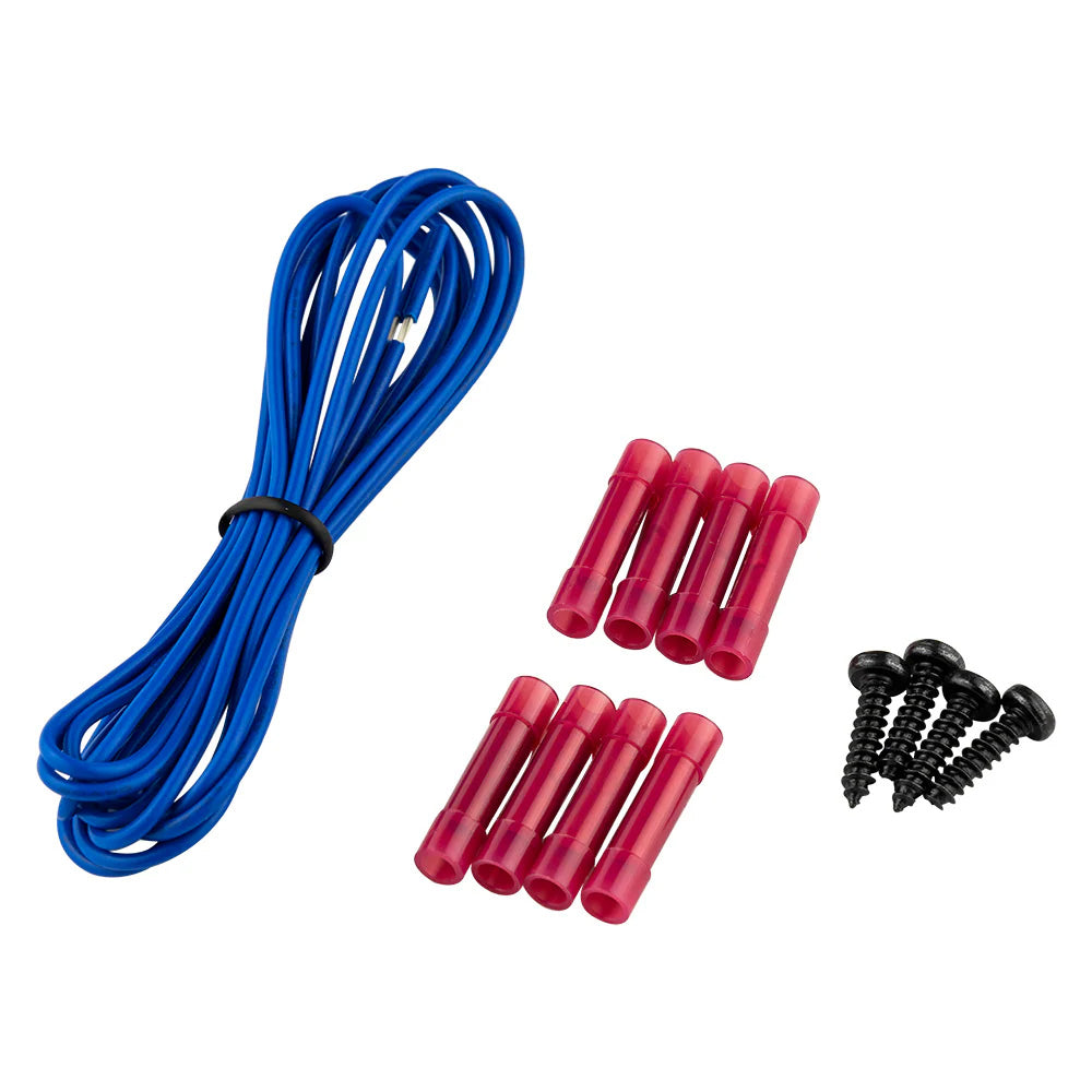 DS18 MP.4A Full-Range 4 Channel Class D Amplifier accessories including blue wire, connectors, and screws.