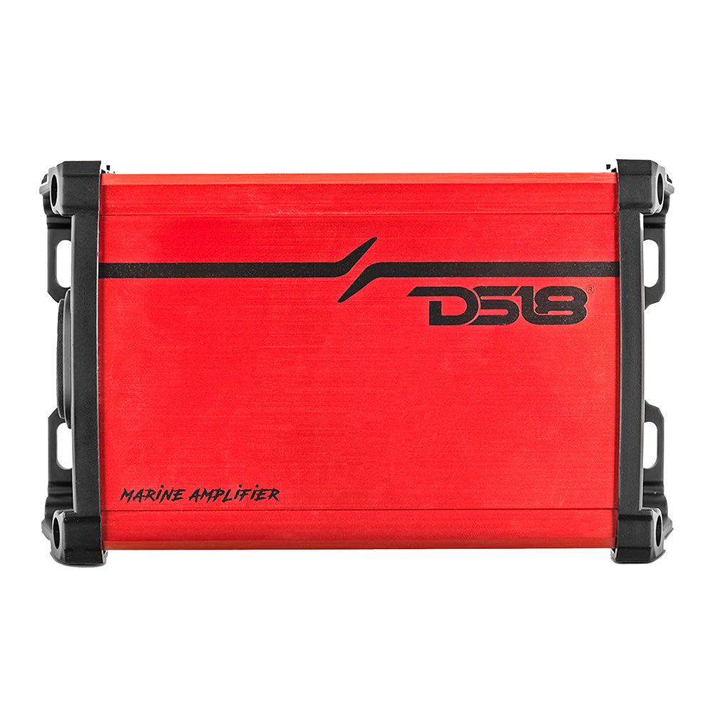 Red DS18 MP.4A Full-Range 4 Channel Class D Amplifier with black accents, labeled "MARINE AMPLIFIER."
