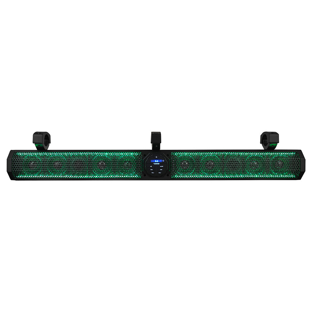 DS18 37" Marine Amplified Sound Bar with Bluetooth, 1200W, 10 speakers, RGB LED lighting, and mounting brackets.