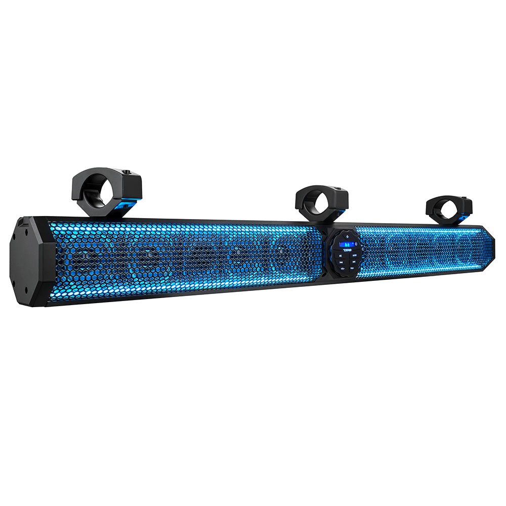 DS18 37" Marine Amplified Sound Bar with Bluetooth, 1200W, 10 speakers, and RGB LED lighting, featuring a sleek design.