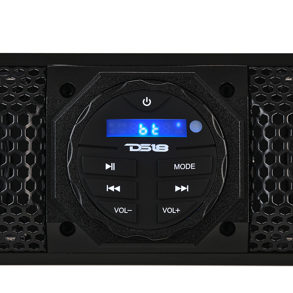 DS18 37" Marine Amplified Sound Bar with Bluetooth, featuring a control panel with buttons and LED display for easy operation