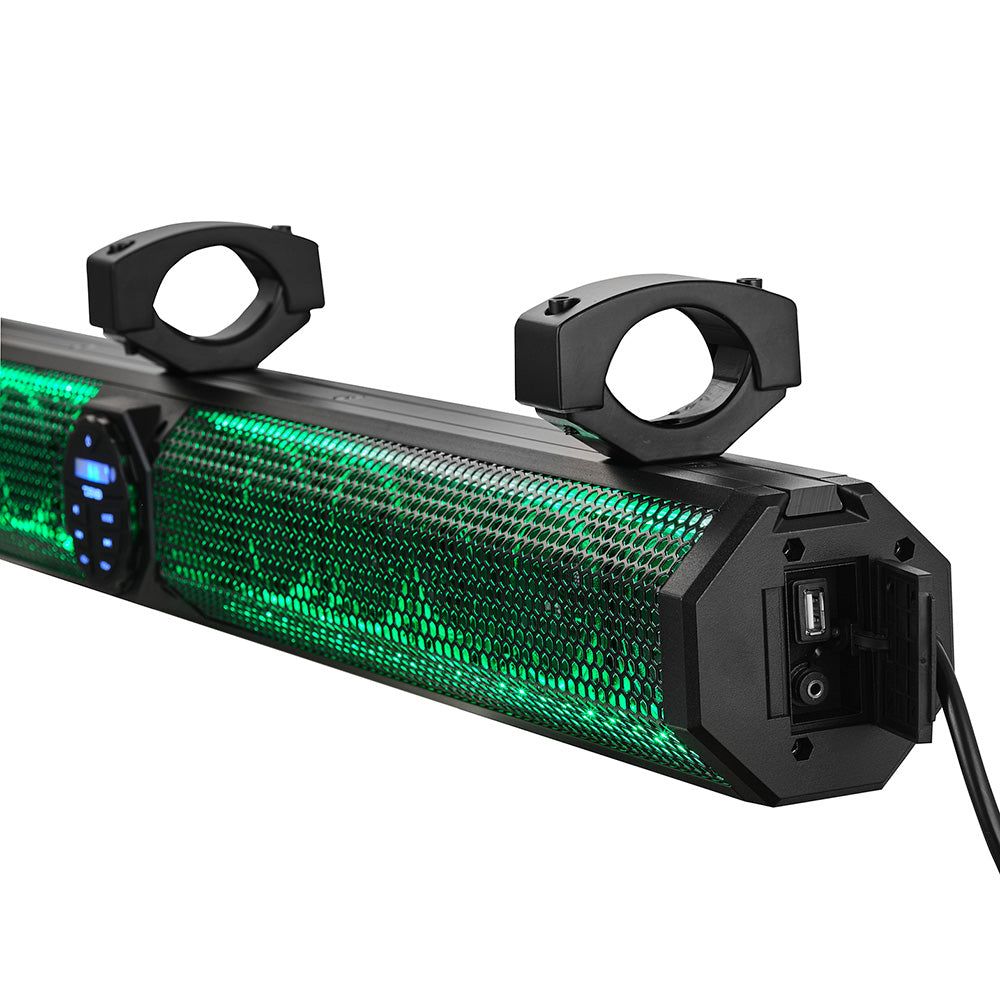DS18 37" Marine Amplified Sound Bar with Bluetooth, 1200W, 10 speakers, RGB LED lights, and mounting brackets.