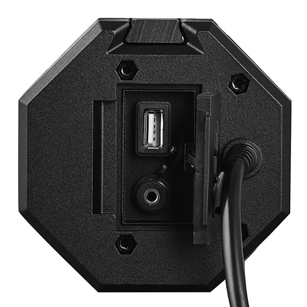 Back view of DS18 37" Marine Amplified Sound Bar showing USB and audio input ports, with a durable black casing.
