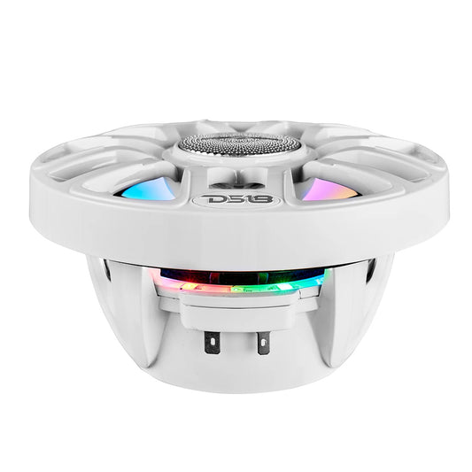 DS18 8" 2-Way Coaxial Marine Speaker with digital LED lights, white design, 175W, 4-Ohm, featuring a bullet tweeter.