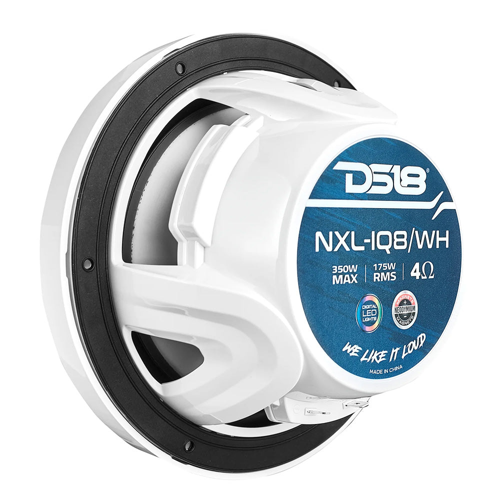 DS18 8" 2-Way Coaxial Marine Speakers in white with digital LED lights and bullet tweeter, 175W, 4-Ohm.