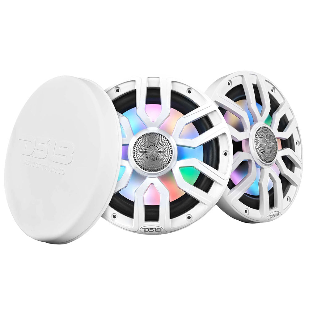 DS18 8" 2-Way Coaxial Marine Speakers in white with digital LED lights and bullet tweeter, 175W, 4-Ohm.