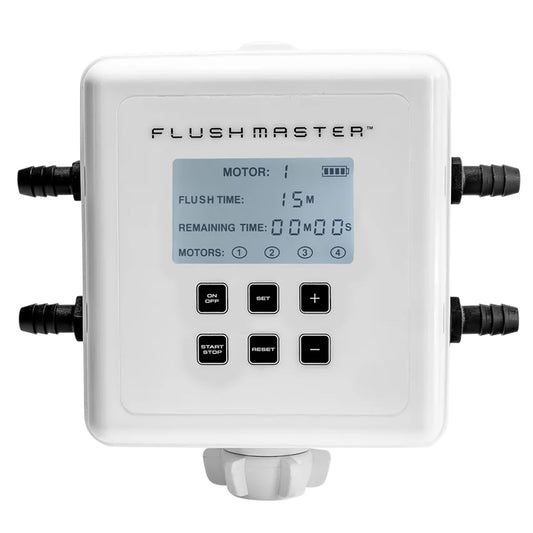 Flushmaster Outboard Flushing System with a digital control panel, four hose outlets, and buttons for operation settings.