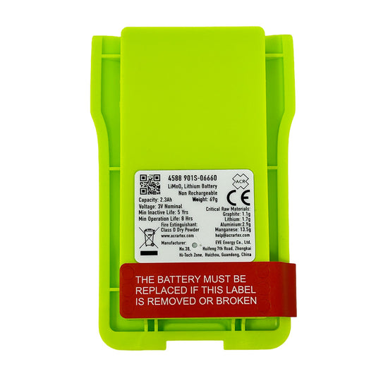 ACR LB15V Lithium Primary Battery [4588] in bright green casing with warning label and specifications on the back.