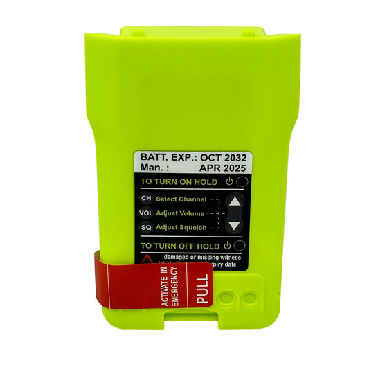 ACR LB15V Lithium Primary Battery in bright yellow, featuring controls for channel selection, volume adjustment, and a pull t