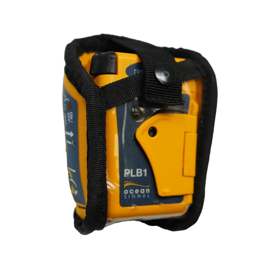 Ocean Signal rescueME PLB1 in a black floatation pouch, featuring a bright yellow device with buttons and a secure strap.