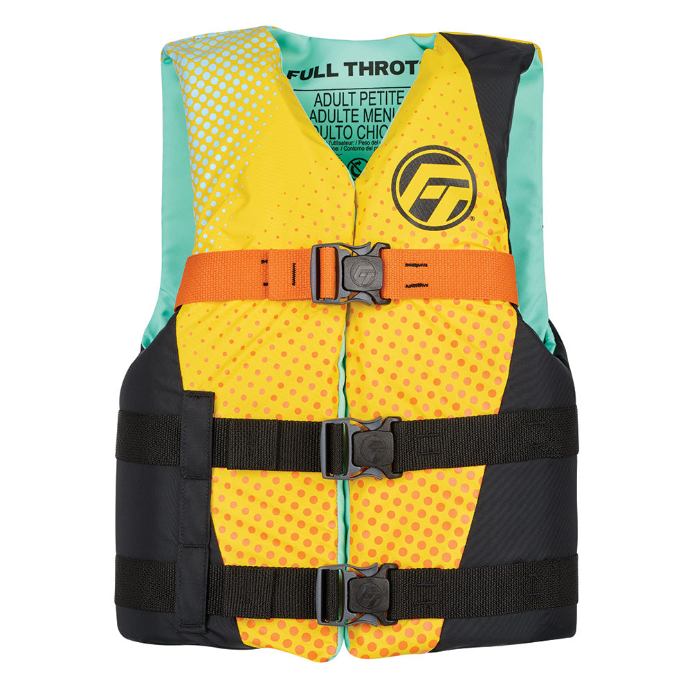 Full Throttle Teen Nylon Life Jacket in yellow and black with orange straps, featuring a polka dot design and adjustable buck