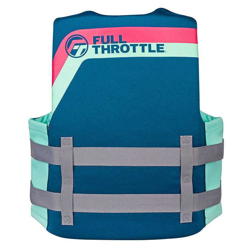 Full Throttle Adult Rapid-Dry Life Jacket in aqua, featuring a sleek design with gray straps and logo on the back.
