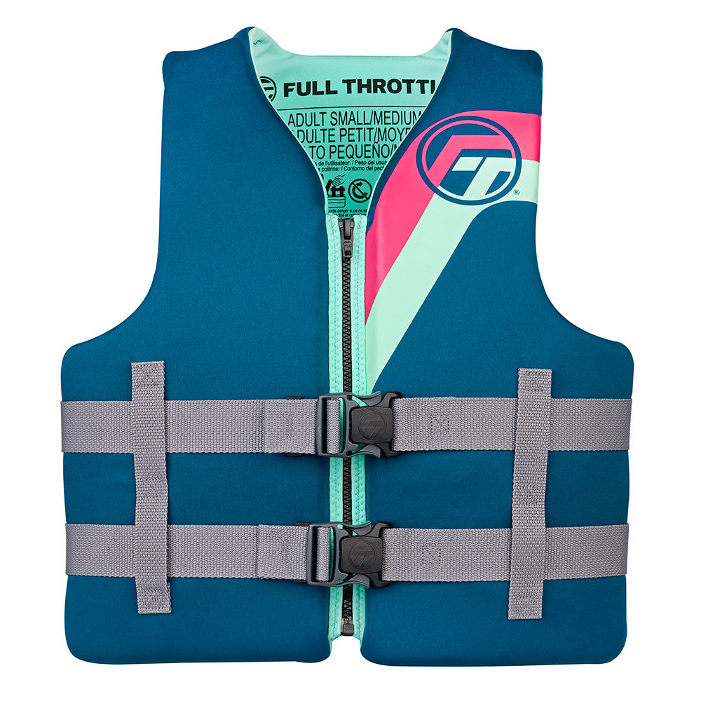 Full Throttle Adult Rapid-Dry Life Jacket in aqua, featuring adjustable gray straps and a colorful design. Size L/XL.