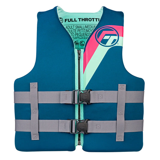 Full Throttle Adult Rapid-Dry Life Jacket in aqua, featuring adjustable gray straps and a colorful design. Size L/XL.