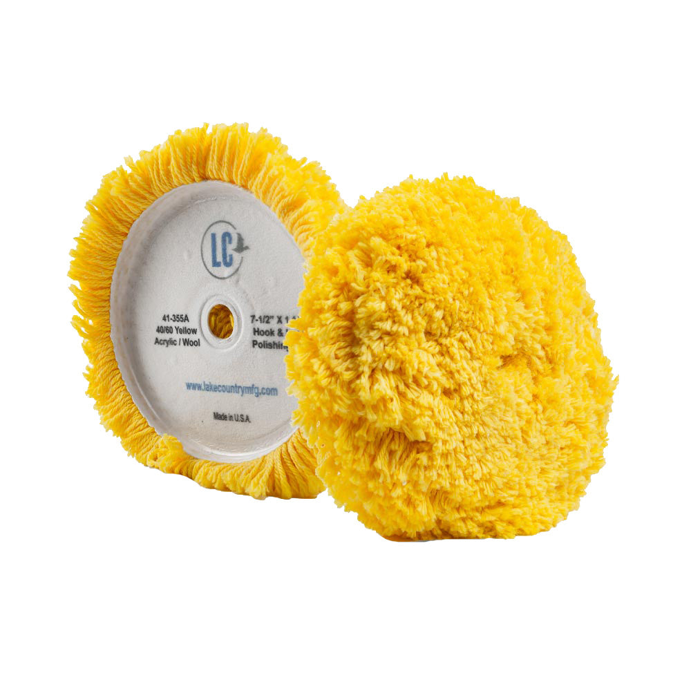 Lake Country Yellow 40/60 Unsteamed Twisted Wool/Acrylic Pad, 7.5" x 1.5", featuring a soft, fluffy yellow surface for polish