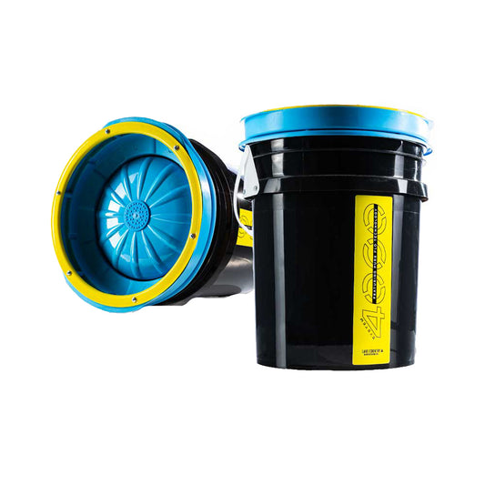 Lake Country System 4000 Pad Washer features two black buckets with blue and yellow lids, designed for cleaning polishing pad