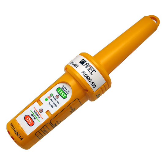 Yellow AMEC PLOMO-500 AIS Search Rescue Transponder with labels and indicators for operation and battery status.
