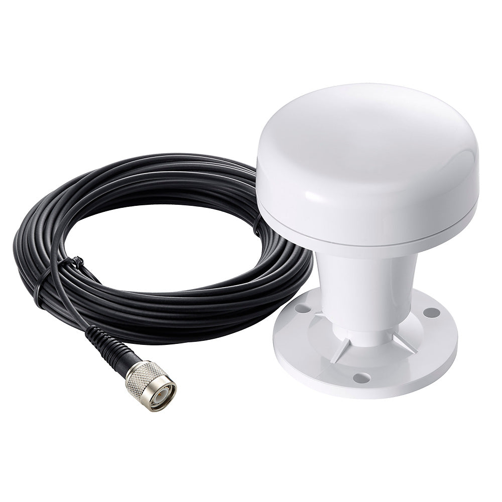 High-performance AMEC GA-22 GNSS antenna with a white dome design and a black cable for connectivity.