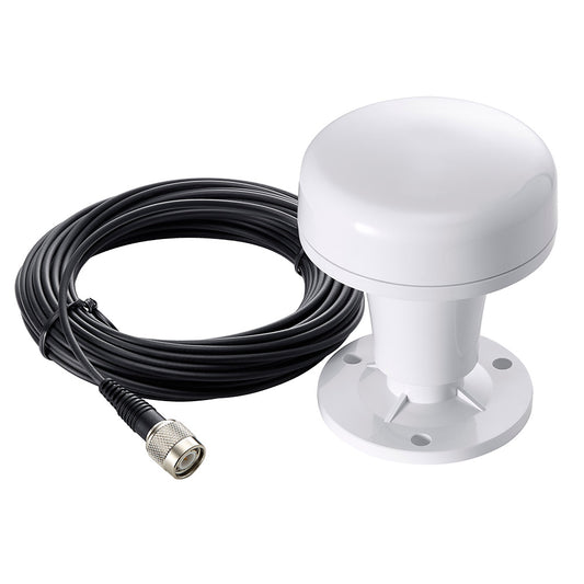 High-performance AMEC GA-22 GNSS antenna with a white dome design and a black cable for connectivity.