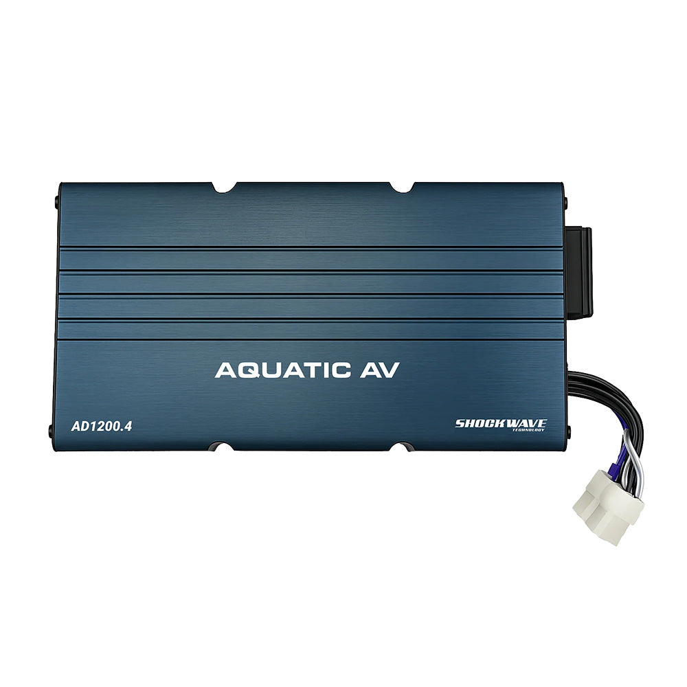 Aquatic AV AD1200.4 4-Channel Amplifier featuring a sleek blue aluminum casing and wiring harness.