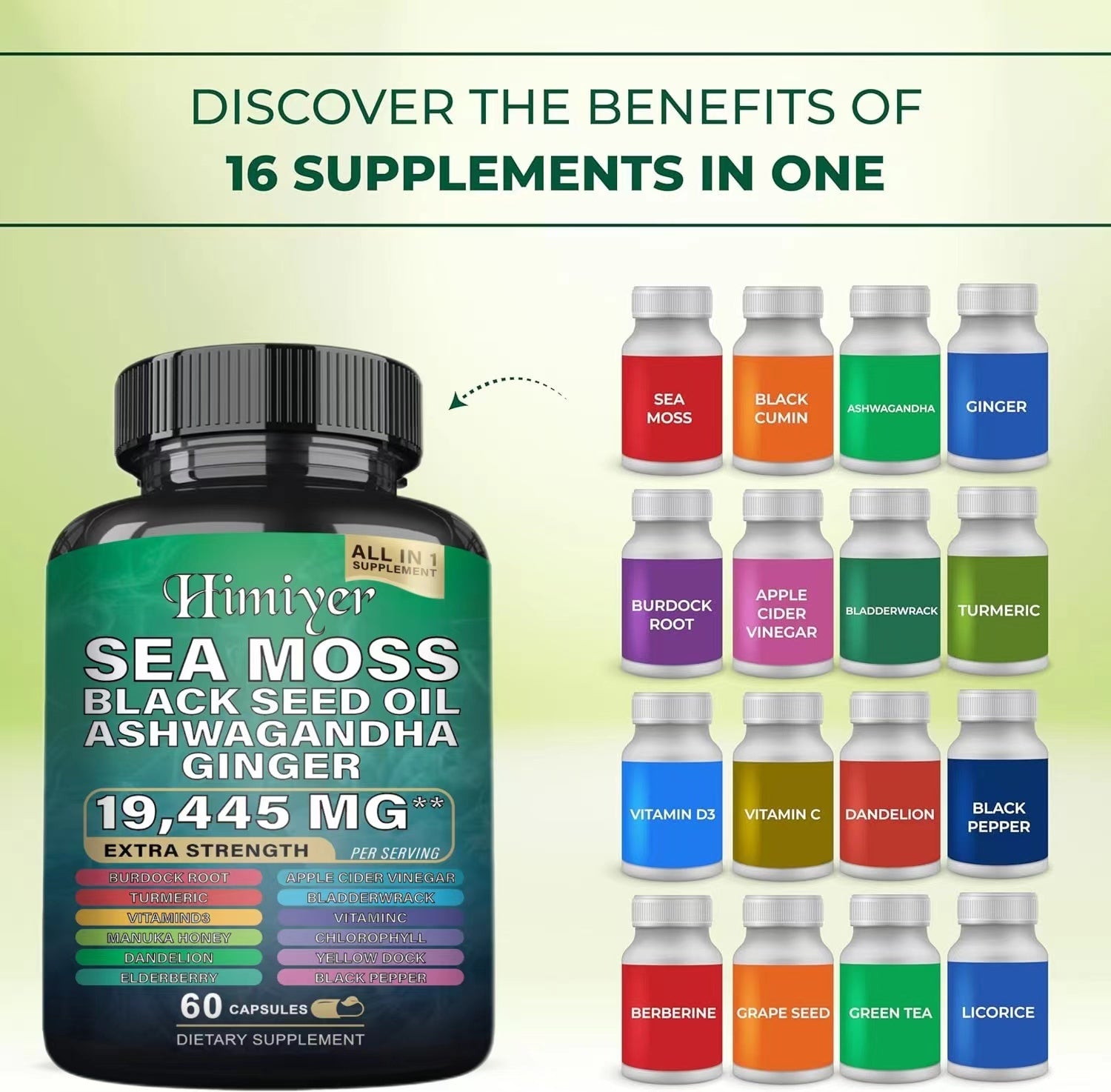 Sea Moss 7000mg Black Seed Oil 4000mg Ashwagandha 2000mg Turmeric 2000mg Bladderwrack 2000mg Burdock 2000mg & Ginger Vitamin C Vitamin D3 With Elderberry Manuka Dandelion Yellow Dock Chlorophyll ACV - Besafe1st® 