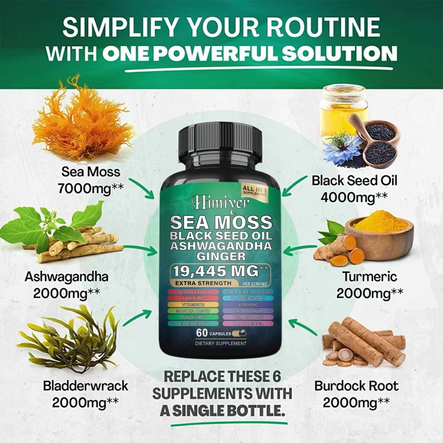 Sea Moss 7000mg Black Seed Oil 4000mg Ashwagandha 2000mg Turmeric 2000mg Bladderwrack 2000mg Burdock 2000mg & Ginger Vitamin C Vitamin D3 With Elderberry Manuka Dandelion Yellow Dock Chlorophyll ACV - Besafe1st® 