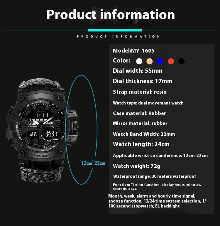 Outdoor Men's Mercenary Compass Multifunctional Waterproof Parachute Cord Chain Ring Survival Wild Special Survival Tactical Watch - Premium 0  Shop now 