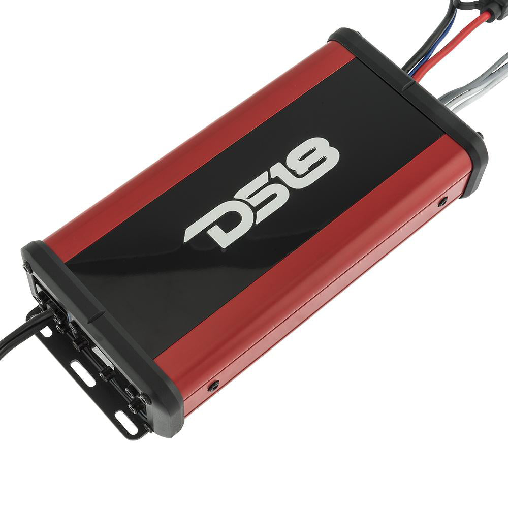 DS18 HYDRO Full Range Digital Marine 2-Channel Amplifier - 600W with a sleek red and black design and multiple connection por