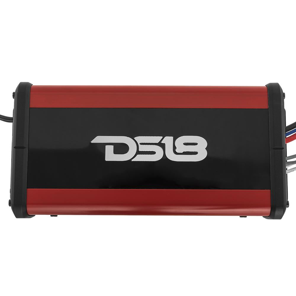 DS18 HYDRO Full Range Digital Marine 2-Channel Amplifier - 600W, featuring a sleek black and red design with logo.