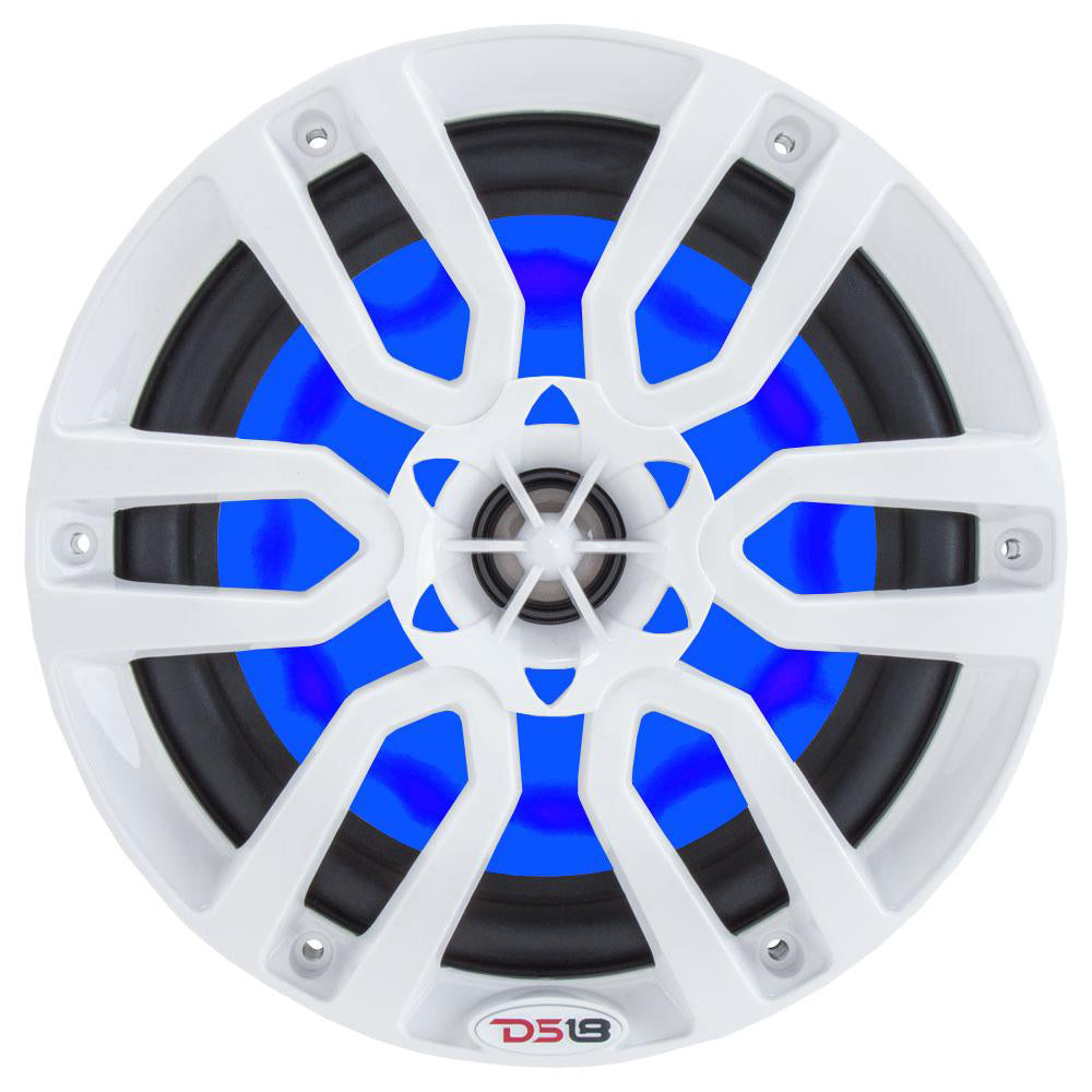 DS18 HYDRO 6.5" 2-Way Marine Speakers in white with blue RGB LED lights and a modern design, 300W power output.