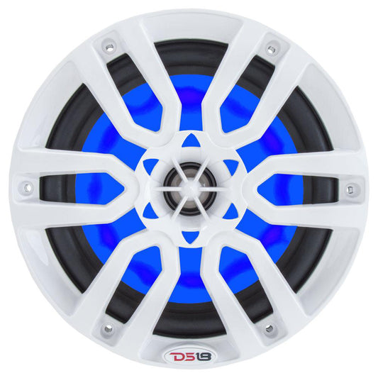 DS18 HYDRO 6.5" 2-Way Marine Speakers in white with blue RGB LED lights and a modern design, 300W power output.