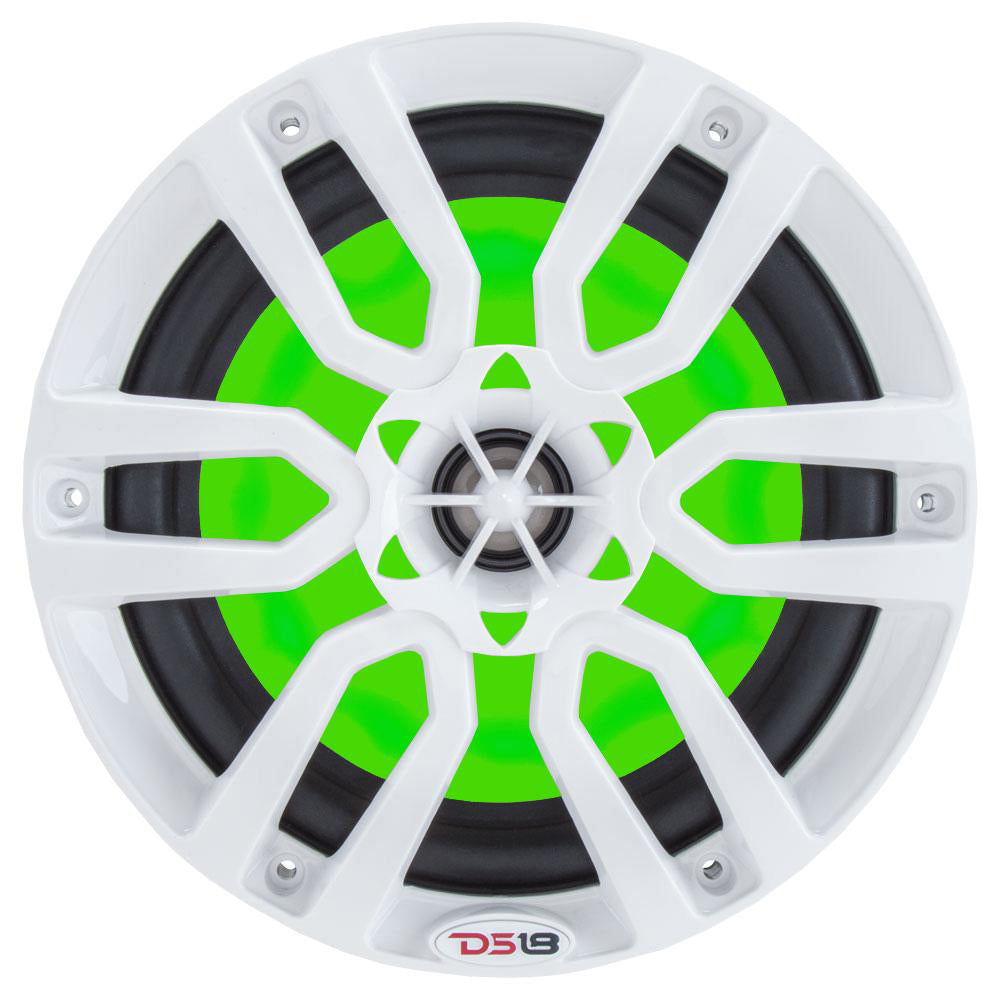 DS18 HYDRO 6.5" 2-Way Marine Speakers in white with green RGB LED lights and a stylish design, 300W power.