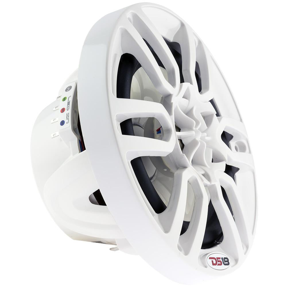 DS18 HYDRO 6.5" 2-Way Marine Speaker in white with RGB LED lights, featuring a sleek design and powerful 300W output.