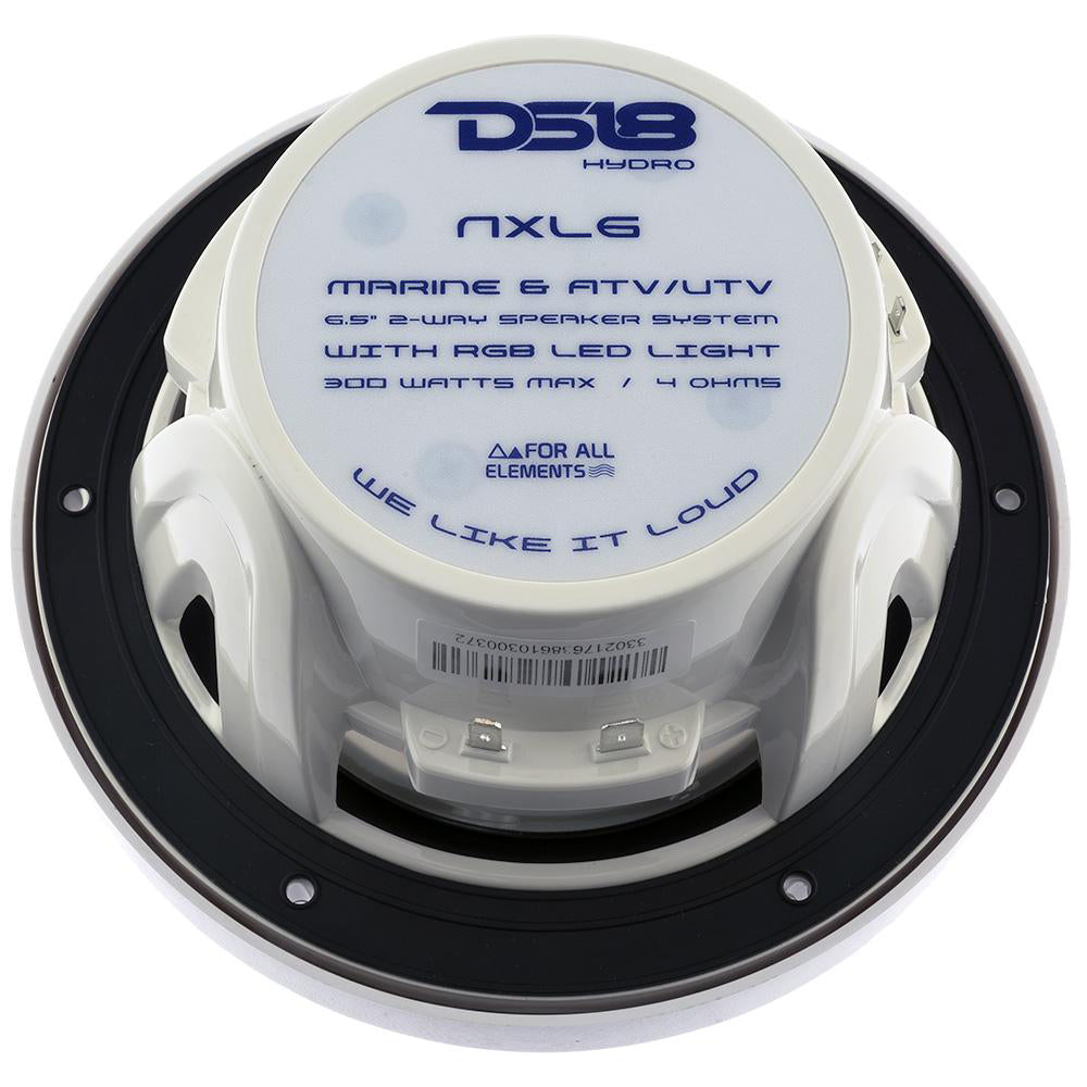 DS18 HYDRO 6.5" 2-Way Marine Speakers in white with RGB LED lights, featuring a 300W max power rating and 4-ohm impedance.