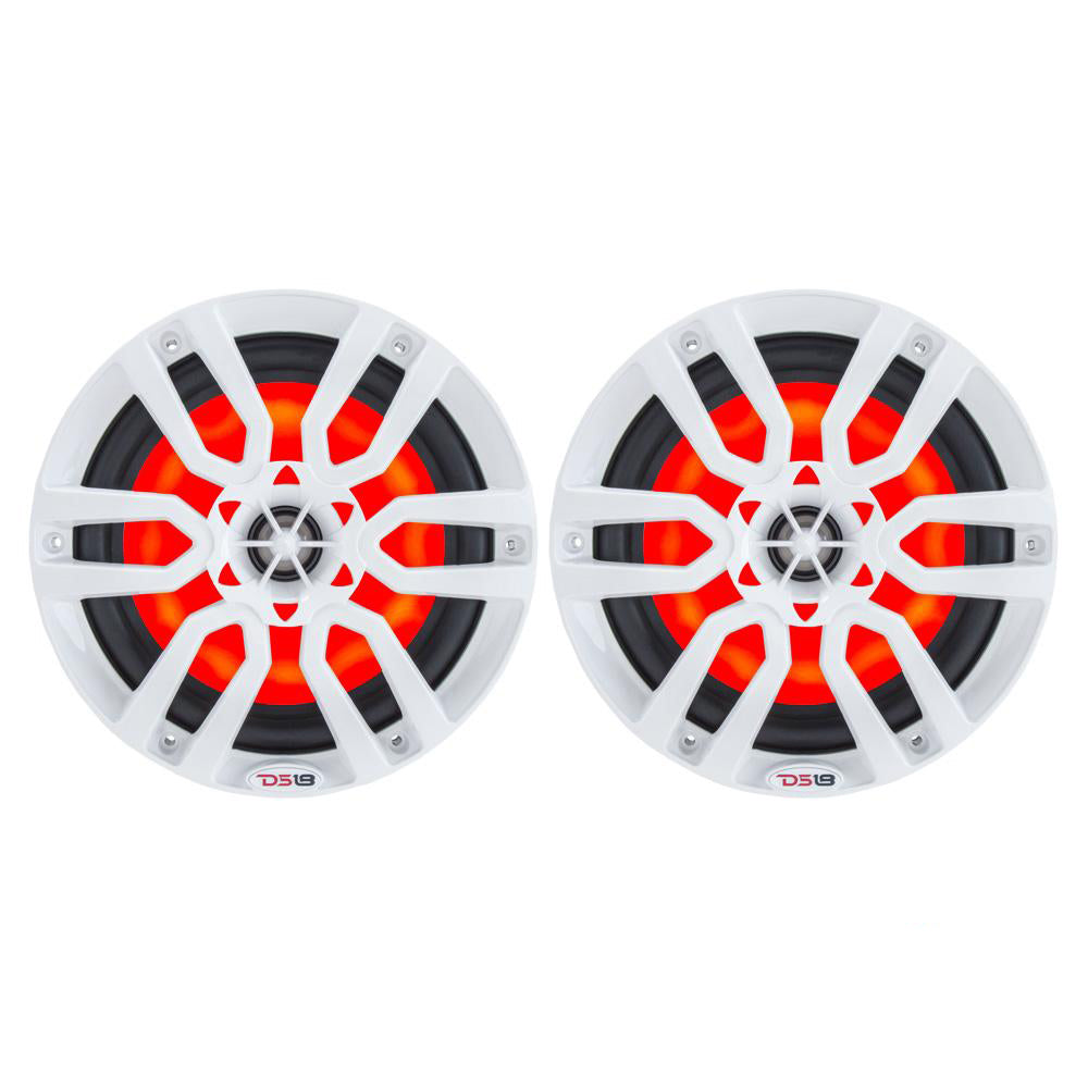 DS18 HYDRO 6.5" 2-Way Marine Speakers in white with RGB LED lights, featuring a sleek design and powerful 300W output.