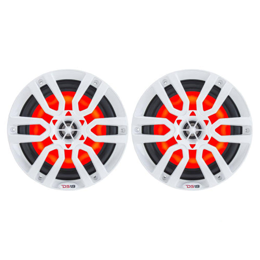 DS18 HYDRO 6.5" 2-Way Marine Speakers in white with RGB LED lights, featuring a sleek design and powerful 300W output.